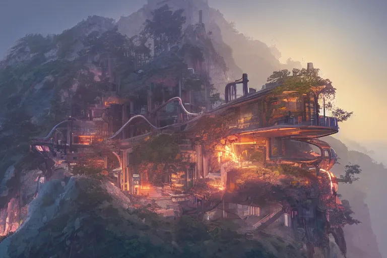 Prompt: A steelworks villa on the peak of the mountain, giant metallic cables leading down like tree roots, TF2 screenshot, digital art, artstationhq, by Jordan Grimmer and Victor Mosquera