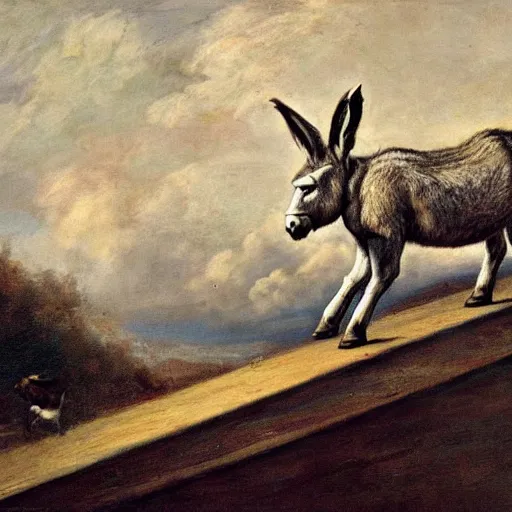 Image similar to a donkey and a hare, wolking on the stairs