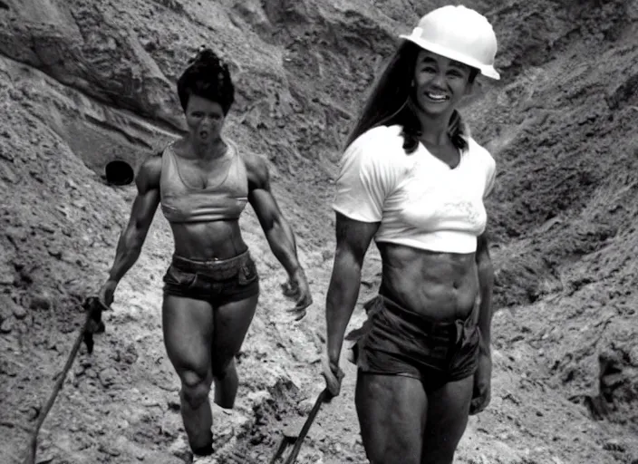 Image similar to 90's professional photo, A muscular woman who labors in the mines.