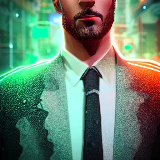 Image similar to stylish man cartoon portrait made out of rain, pinstripe suit, cyberpunk background, rendered in octane, unreal engine, highly detailed, trending on artstation, realistic, neon, beautiful, volumetric lighting, depth of field, glowing eyes