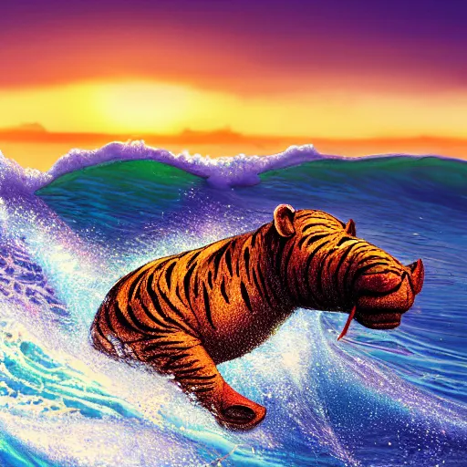 Image similar to a closeup photorealistic photograph of a cute smiling knitted tiger hippopotamus riding a wave at sunset. surf in background. professional capture. brightly lit scene. this 4 k hd image is trending on artstation, featured on behance, well - rendered, extra crisp, features intricate detail, epic composition and the style of unreal engine.