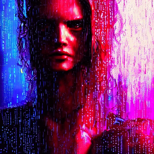 Image similar to bright asthetic portrait LSD glowing backlit rain on face and wet hair, cyberpunk, overhead lighting, fantasy, intricate, elegant, dramatic lighting, highly detailed, lifelike, photorealistic, digital painting, artstation, illustration, concept art, smooth, sharp focus, art by John Collier and Albert Aublet and Krenz Cushart and Artem Demura and Alphonse Mucha