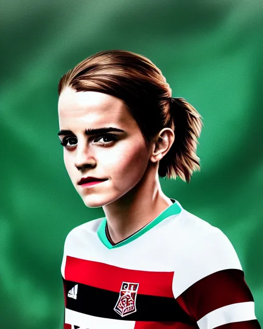 Image similar to a portrait of emma watson as a lokomotiv football player, hyper realistic