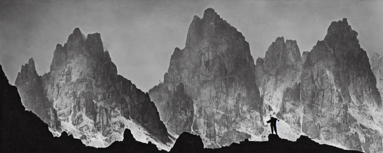 Image similar to 1920s photography of terrifying dolomites dark with occult signs