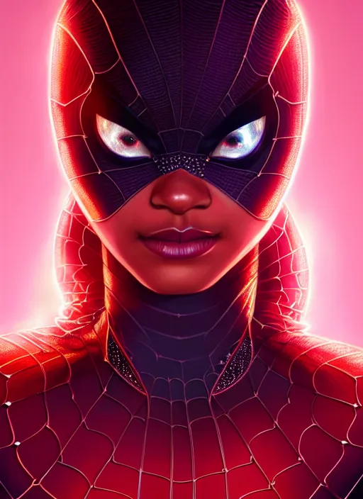 Prompt: zendaya as spider - woman, intricate, elegant, glowing lights, highly detailed, digital painting, artstation, glamor pose, concept art, smooth, sharp focus, illustration, art by artgerm and greg rutkowski, artey freytag