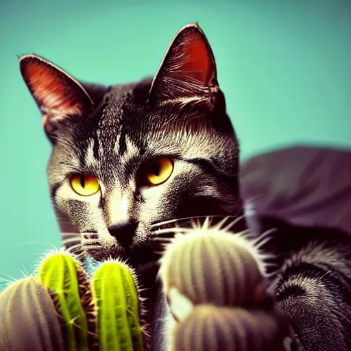 Prompt: A cat licking a cactus