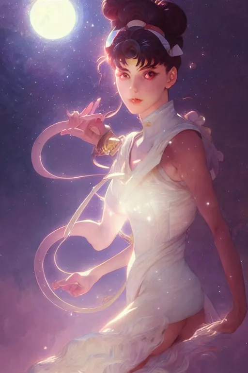 Image similar to Sailor Moon, fantasy, intricate, elegant, highly detailed, digital painting, artstation, concept art, matte, sharp focus, illustration, art by Artgerm and Greg Rutkowski and Alphonse Mucha