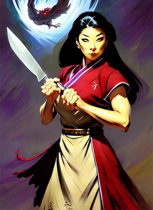 Image similar to magic : the gathering fantasy character concept art by frank frazetta and marco bucci, high resolution. a clear portrait of a stunning female south korean chef, wearing a hanbok apron, holding a kitchen knife, radiating powerful kimchi energy, fantasy coloring, intricate, digital painting, artstation, smooth, sharp focus