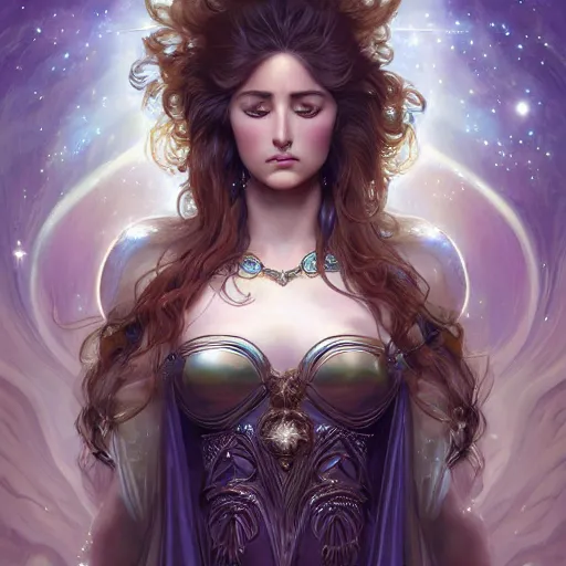 Prompt: beautiful celestial mage, sparkling eyes, stars in her eyes, shining eyes, grinning, elegant, enticing, sharp features, brown flowing hair, traditional roman armor, highly detailed, digital painting, artstation, concept art, smooth, sharp focus, beautiful face, expressive eyes, illustration, art by Artgerm and greg rutkowski and alphonse mucha