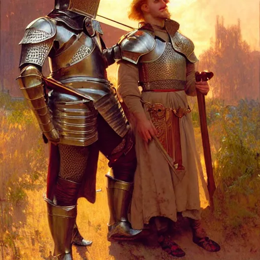 Image similar to attractive arthur pendragon and his attractive male knight, they are in love, natural lighting, path traced, highly detailed, high quality, digital painting, by gaston bussiere, craig mullins, alphonse mucha j. c. leyendecker