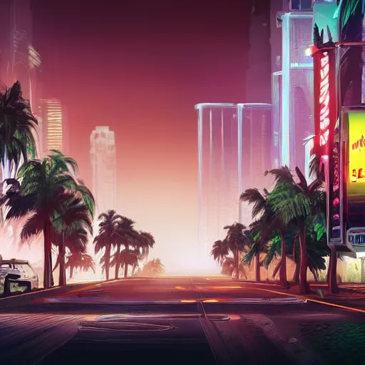 Image similar to sci-fi epic concept art of dried miami city, red dust and smoke in the air, rays of light, neon billboards and dried palmtrees in the streets, mutated aligators in corners epic scene, scifi, hyperrealistic