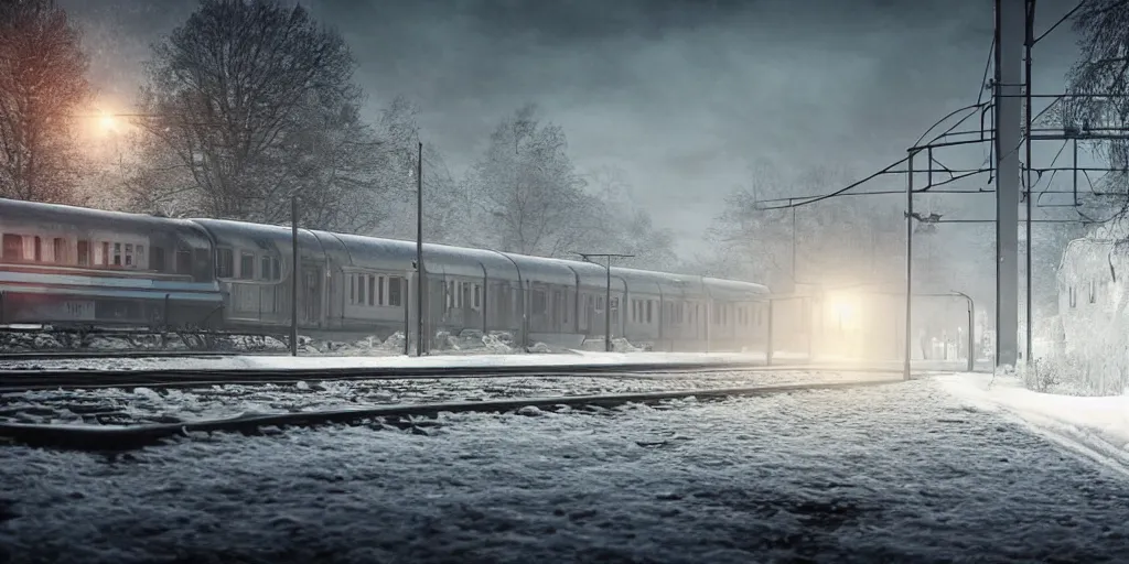 Image similar to hyper realistic render of soviet era 1 9 5 0's brutalism train station, located in the snow, puddles of water, by kait kybar, ivan shishkin, sunset, foggy, stunning skies, volumetric lighting, sharp focus, hyper detailed, digital art, cryengine