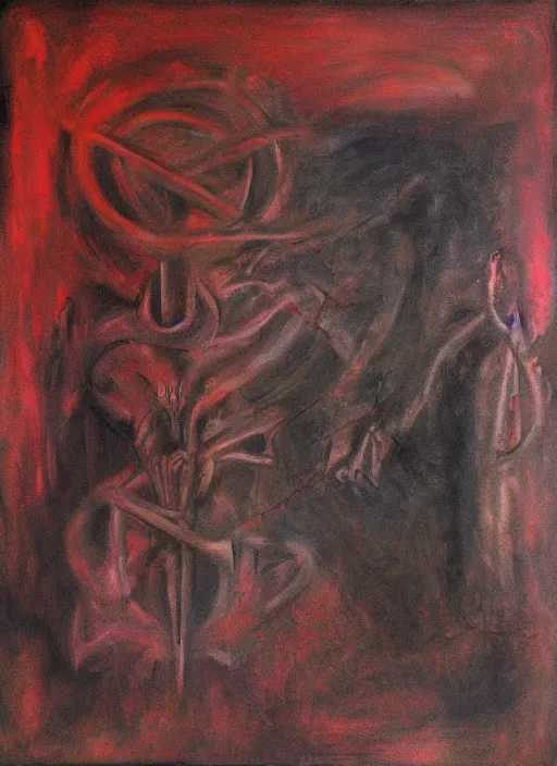 Prompt: biomechanical talisman of evil stygian rituals, god of darkness by maggi mcdonald, mark rothko, sabina klein