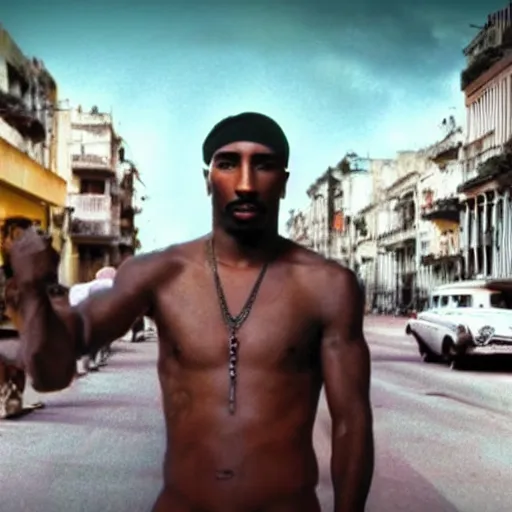 Image similar to tupac footage in cuba, uhd, hyper realistic, 4 k, hyper and extremely detail, style by steve mccury and annie leibovitz