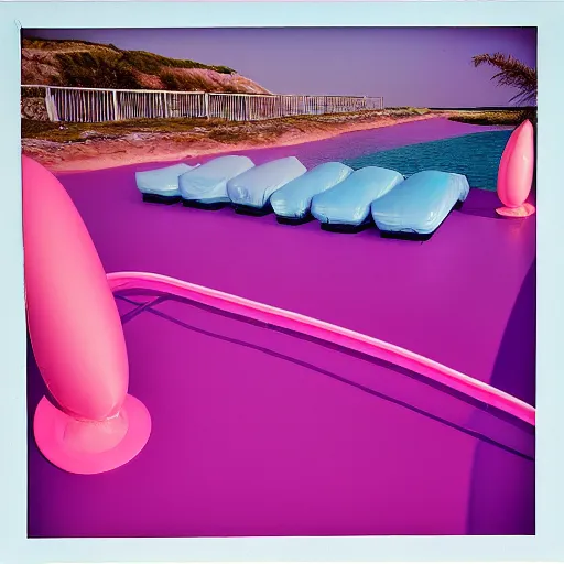 Image similar to a pastel colour high fidelity wide angle Polaroid art photo from a holiday album at a seaside of a large pink ship in the sea surrounded with abstract inflatable parachute furniture, all objects made of transparent iridescent Perspex and metallic silver, a grid of sun beds iridescence, nostalgic