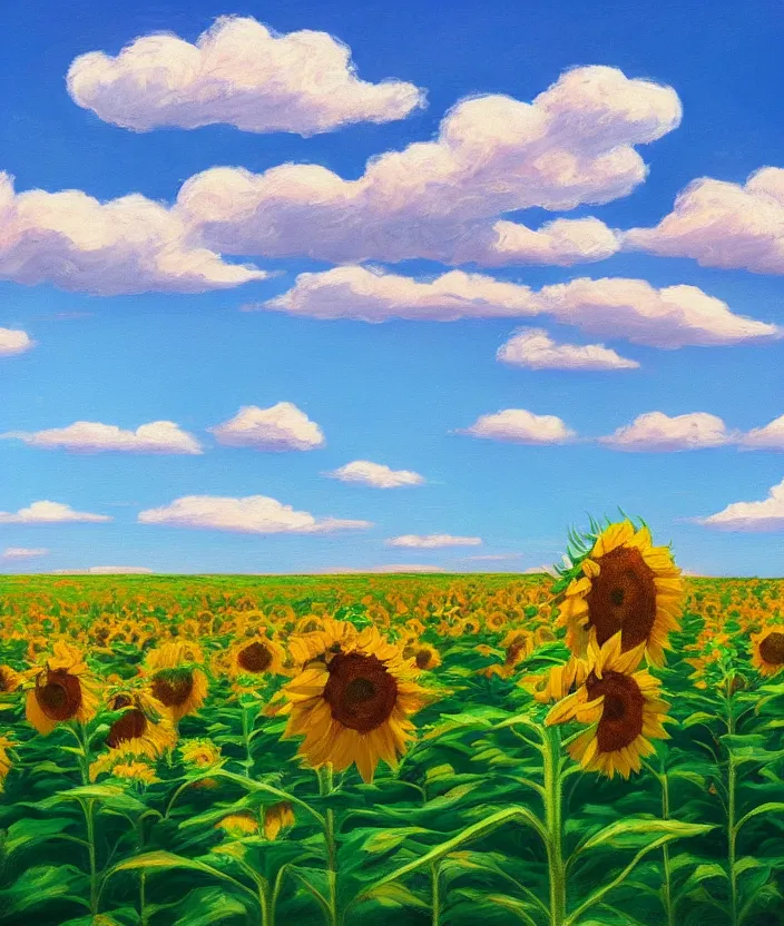 Prompt: a highly detailed sunflower field, baby blue sky with very aesthetic stylized clouds, in the style of edward hopper, very fine brushstrokes, 4 k,