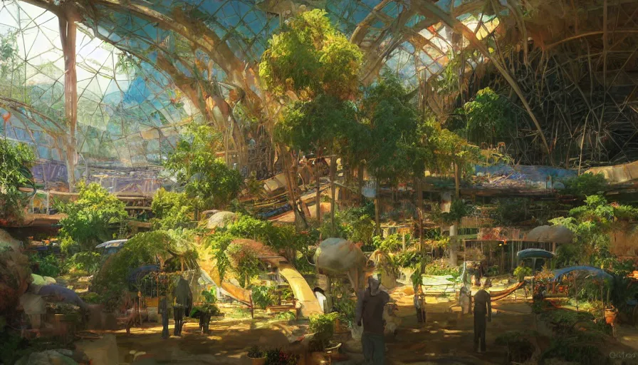 Image similar to craig mullins and ghibli digital illustration of the interior of a biodome, colorful, unreal engine, hyper realism, realistic shading, cinematic composition, realistic render, octane render, detailed textures, photorealistic, wide shot,