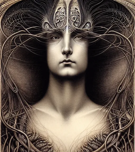 Image similar to detailed realistic beautiful dark goddess face portrait by jean delville, gustave dore, iris van herpen and marco mazzoni, art forms of nature by ernst haeckel, art nouveau, symbolist, visionary, gothic, neo - gothic, pre - raphaelite, fractal lace, intricate alien botanicals, ai biodiversity, surreality, hyperdetailed ultrasharp octane render