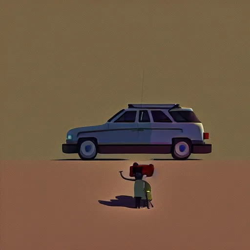 Prompt: hiker unloading the car before camping, style by goro fujita