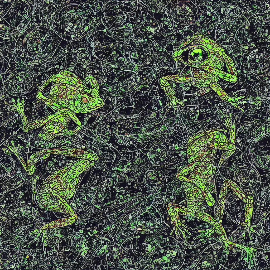 Image similar to toad head, toads, mechanical, technical, abstract, lcd, graphical, circuit board, computers, vektroid album cover, vectors, drips, dimensions, breakcore, leaks, glitches, frogs, amphibians, geometry, data, datamosh, motherboard, code, y 2 k, painting, dark, old web, cyber