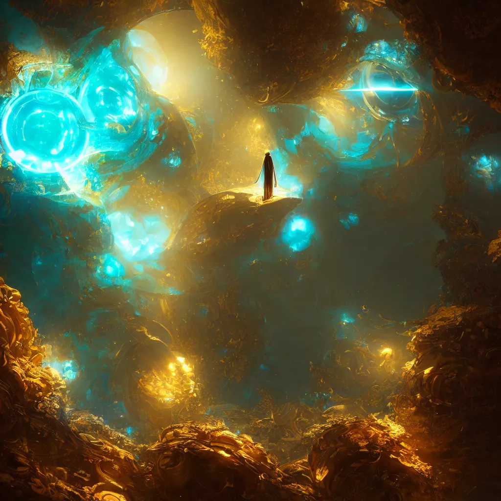 Image similar to within a flower the whole and finite capsule apparent with awe the apparition, an idea seep's into infinity highly detailed in volumetric latent space, golden turquoise steampunk, high contrast cinematic light, mystical shadows, sharp focus, divine realm of gods, octane render, artist by greg rutkowski,