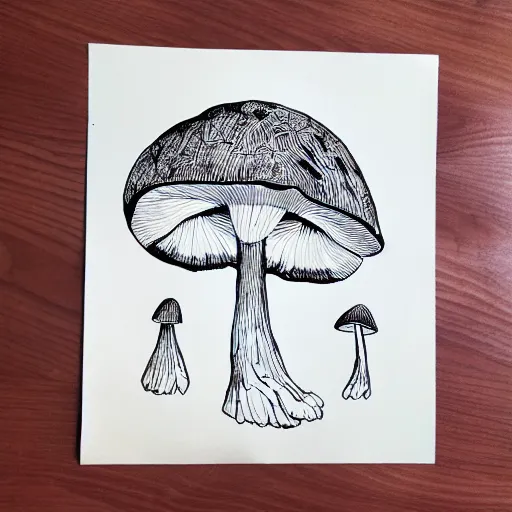 Image similar to mushroom outline, detailed sketch, black ink on white paper