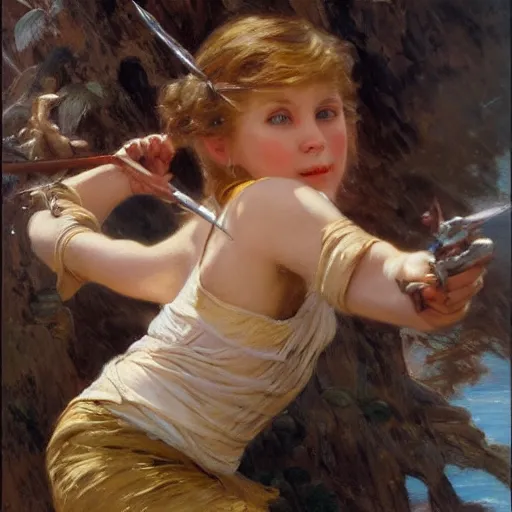 Image similar to a young girl fighting a primal predator, highly detailed painting by gaston bussiere and j. c. leyendecker 8 k