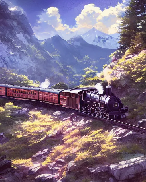 Image similar to a steam train on a mountainside, by makoto shinkai, stanley artgerm lau, wlop, rossdraws