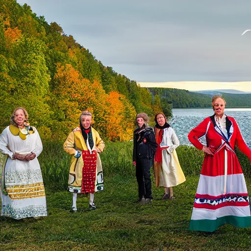 Prompt: ”An election poster for the Swedish Green Party showing a view of Lake Siljan and people in folk costumes in the foreground, golden hour, sigma 55”