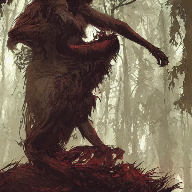 Image similar to a young fit male werewolf with long claws in a dark forest at night, by greg rutkowski and alphonse mucha, gradient brown to red, highly detailed, digital painting, artstation, concept art, smooth, sharp focus illustration