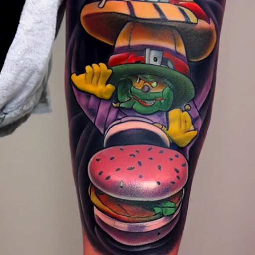 Image similar to tattoo of the hamburglar learning to fly