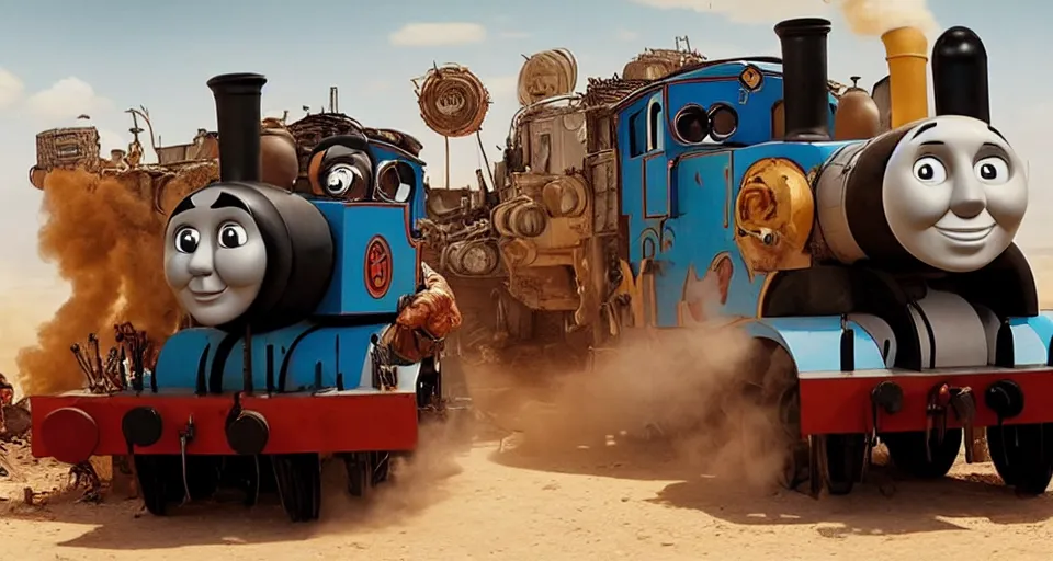 Image similar to Thomas the Tank Engine in the fiery Wasteland of MAD MAX: FURY ROAD