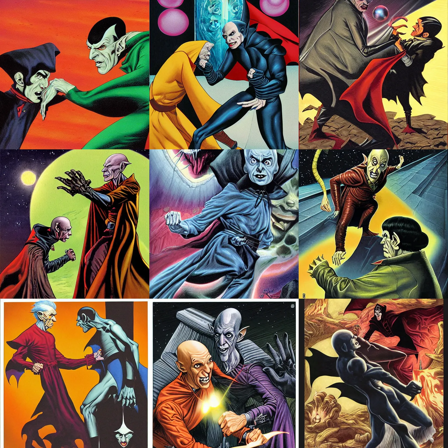 Prompt: Nosferatu fighting Spock by Joe jusko