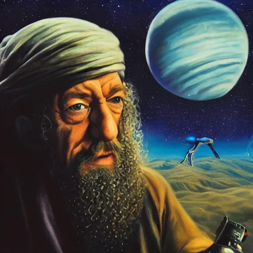 Image similar to painting of ian mckellen as osama bin laden fighting an alien invasion in deep space by creatures from jupiter, arial shot, highly detailed, award painting, 8 k, alien landscape