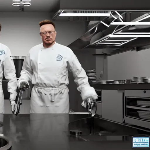 Image similar to Elon musk and Walter white cooking meth. 8k ultra realistic, award winning, unreal engine 5, masterpiece, atmosphere glow, hyperrealistic, focused, extreme details, cinematic