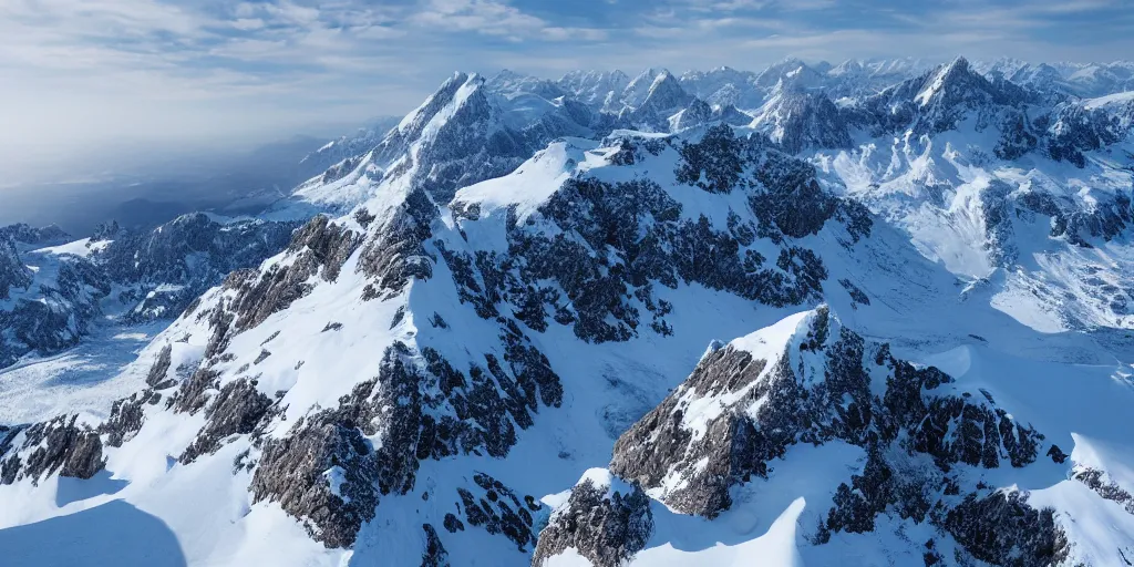 Image similar to Endless snowy mountain range, Marcin Rubinkowski, Lorenzo Lanfranconi, trending on Artstation, ultra wide angle