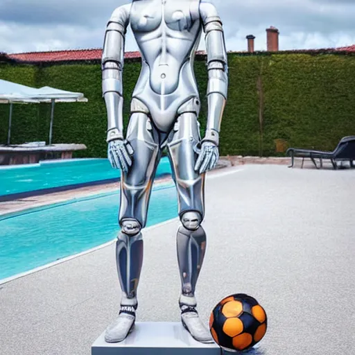 Prompt: a realistic detailed photo of a guy who is an attractive humanoid who is half robot and half humanoid, who is a male android, soccer player martin ødegaard, shiny skin, posing like a statue, blank stare, by the pool, on display, showing off his muscles, humanoid robot, transparent sculpture