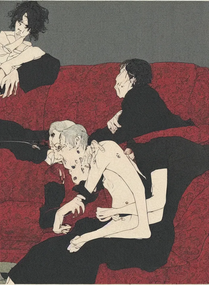 Image similar to early color photo of an old dead couple sitting on a couch in an old soviet apartment, art by Takato Yamamoto. highly detailed high resolution