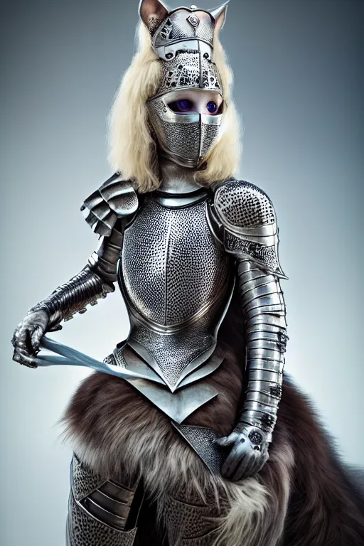 Image similar to female knight wearing a real cat on her head, armor designed by wayne barlowe, swarovski and tiffany, blonde hair, symmetry, sci - fi, cinematic, elegant, luxury, perfect light, perfect composition, dlsr photography, sharp focus, dark fantasy, 8 k, ultra hd, sense of awe, highly detailed, realistic, intricate