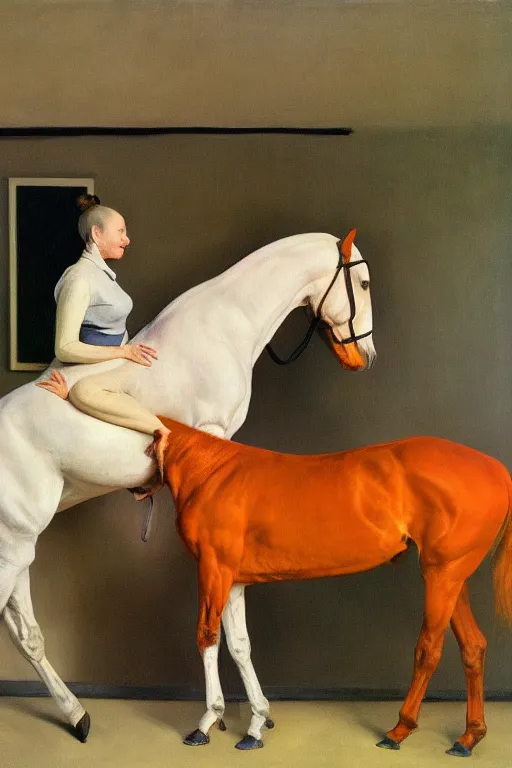 Image similar to a woman mounting a horse that looks like a man, hauntingly surreal, highly detailed painting by francis bacon, edward hopper, adrian ghenie, gerhard richter, and james jean soft light 4 k,