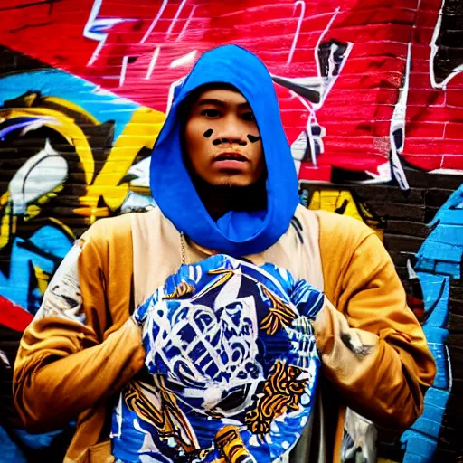 Image similar to crips gang member with batik bandana and parang rusak logo in their graffiti hood - realistic - photorealistic - hd - trending hood photos of the year - ilustrator - detailed - realistic image - people - hood - hd