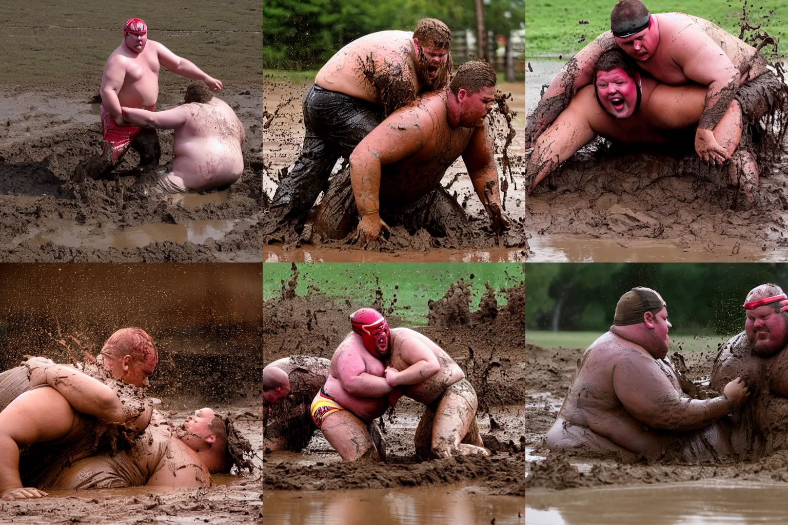 Prompt: flash photograph of two gigantically fat rednecks wrestling in a mud pit