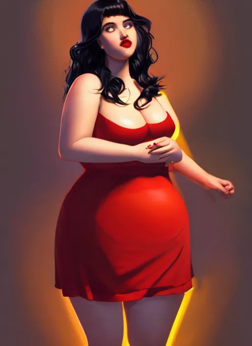 Image similar to full body portrait of teenage veronica lodge, obese, bangs, sultry, realistic, sultry smirk, wavy hair, red skirt, fat, belly, intricate, elegant, glowing lights, highly detailed, digital painting, artstation, concept art, smooth, sharp focus, illustration, art by wlop, mars ravelo and greg rutkowski