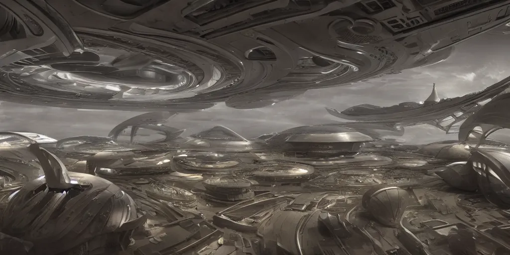 Image similar to cinematic still of hyper detailed hard surface modelled realistic afro futurist, spaceport designed by frank lloyd wright architect, deep perspective, wide angle, hyper detailed and intricate, concept art