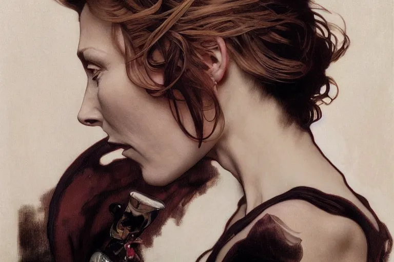 Image similar to hyper realistic portrait of tilda swildon, from the side, by lee bermejo, alphonse mucha and greg rutkowski