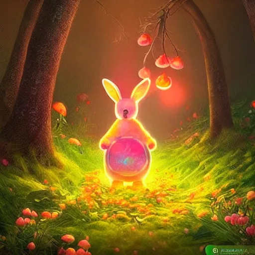 Prompt: a glowing luminous bunny surrounded by luminous pink orange yellow flowers and mushrooms in an enchanted forest trending on artstation hdr instagram photo fantasy art