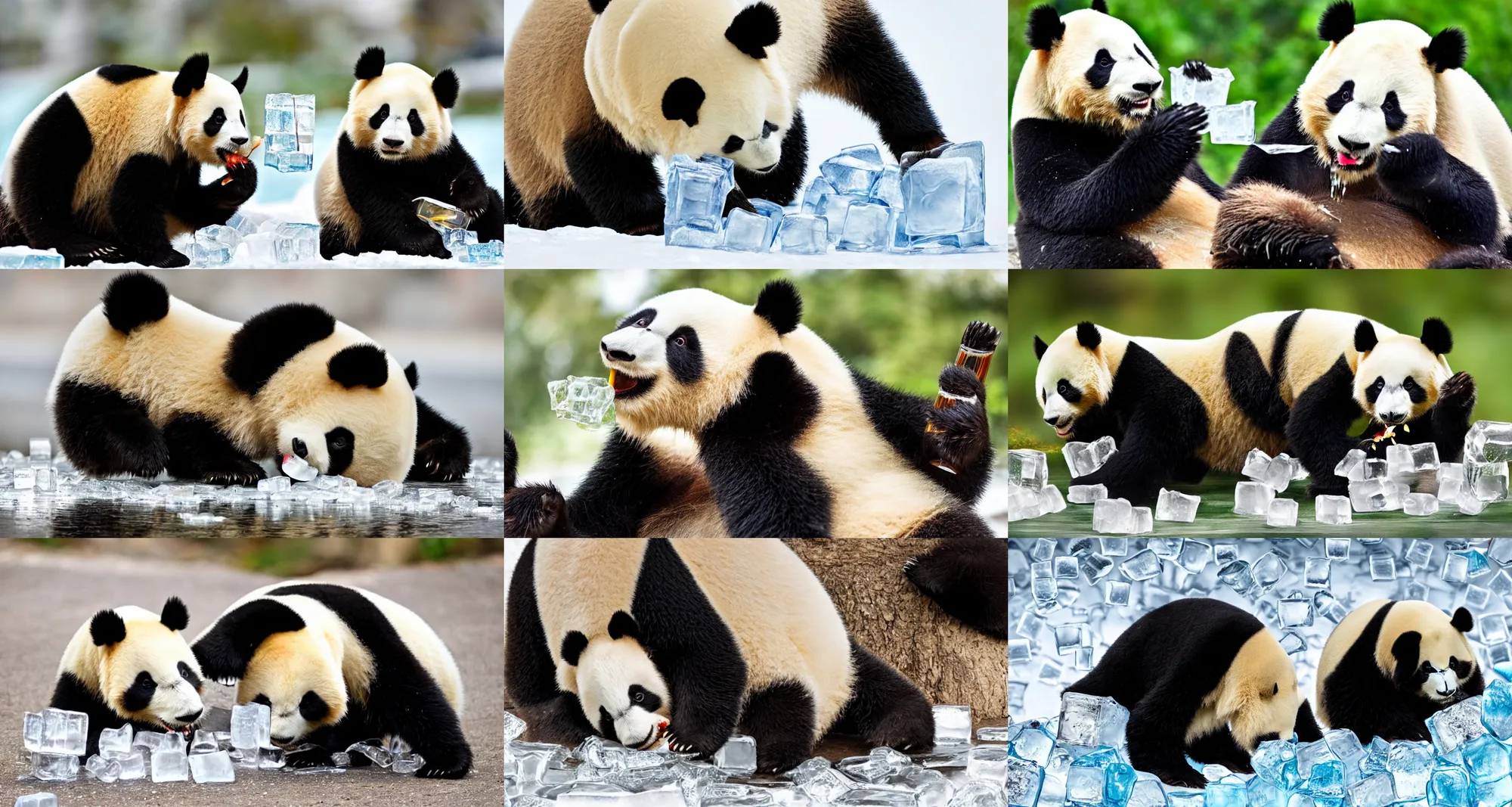 Prompt: panda chewing on ice cubes