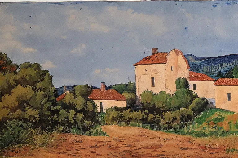 Image similar to Masterpiece of a large Provence landscape, country side and small town, gouache, by Jean Hugo