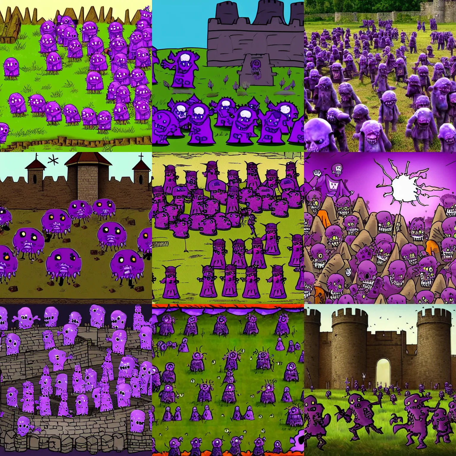 Prompt: Medieval fortress being attacked by a horde of purple zombies