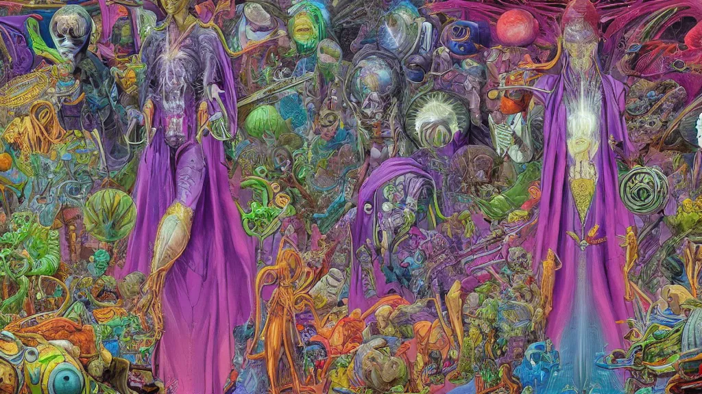 Image similar to colorful and vivid character sheet for an extraterrestrial with large bulbous head, religious robes, retrofuture, ernst haeckel, fantastic planet, moebius, valerian, coherent, illustration, digital art, trending on artstation, hd, 8 k, good lighting, beautiful, rough paper, masterpiece